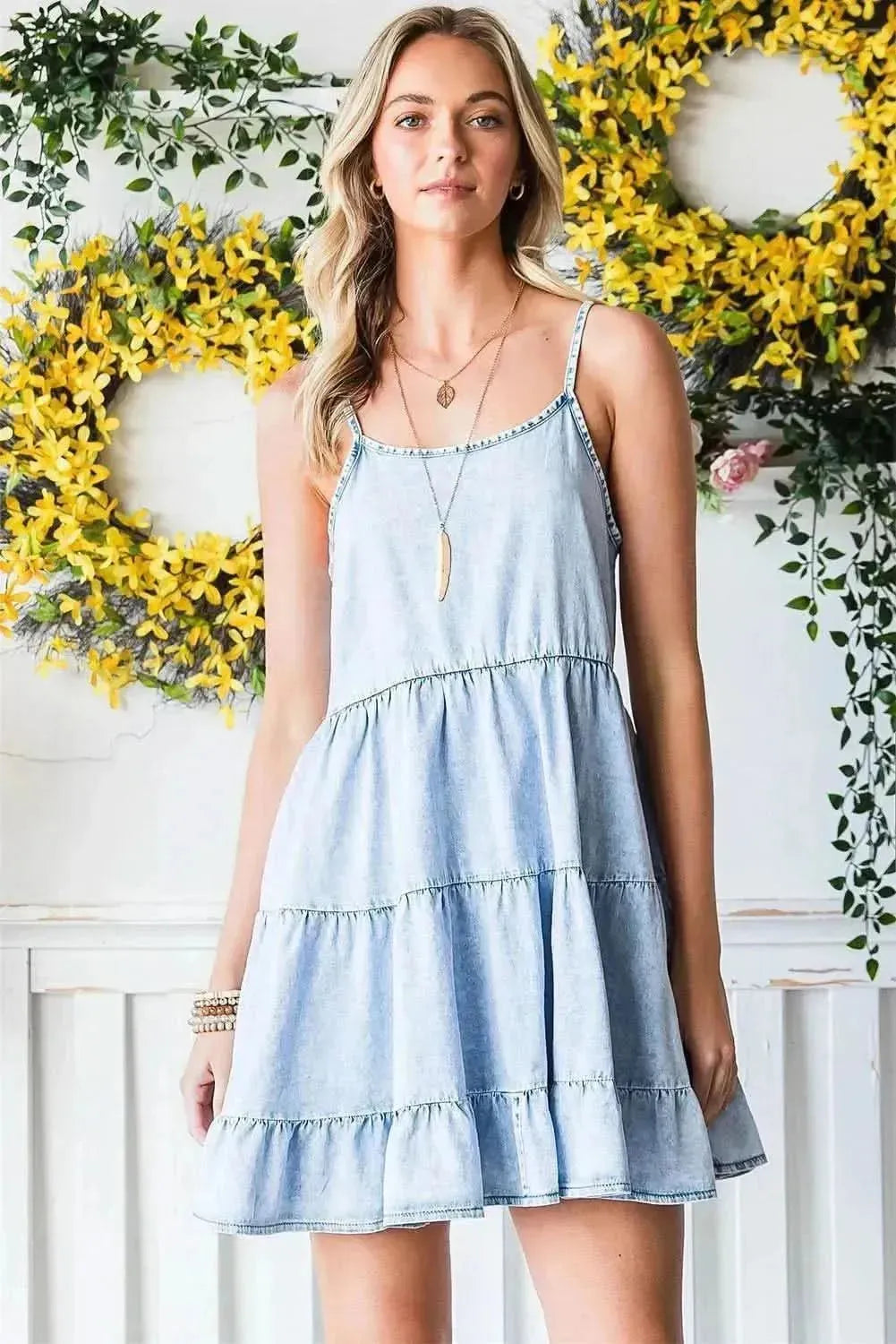 Spaghetti Strap Tiered Denim Dress - Bad Moms Club