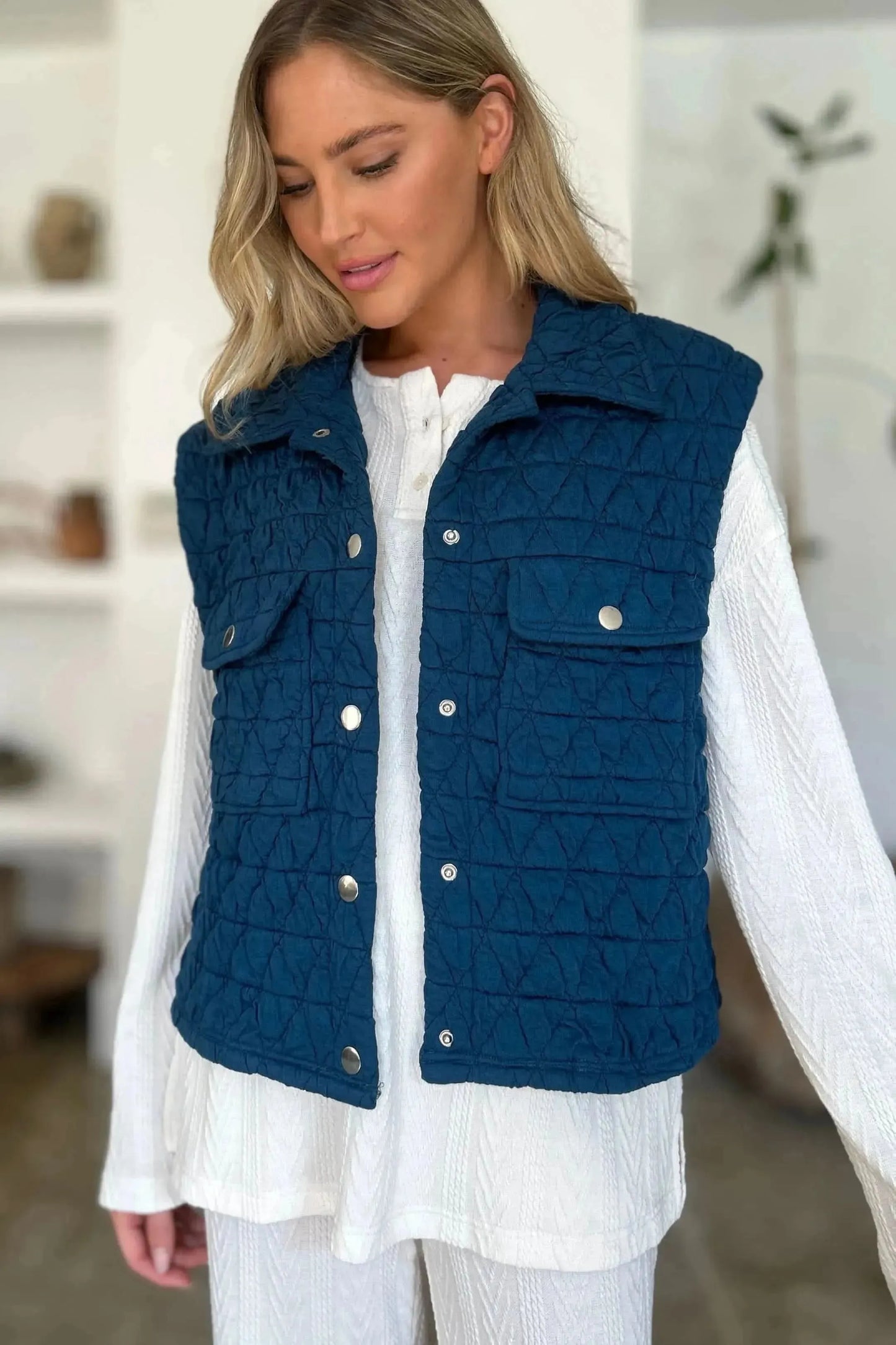 Double Take Full Size Pocketed Texture Snap Down Vest Coat - Bad Moms Club