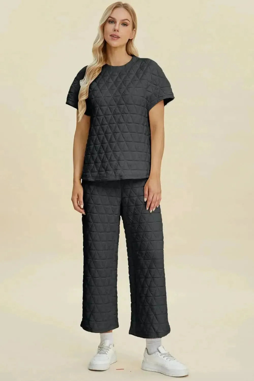 Double Take Full Size Texture Round Neck Short Sleeve Top and Pants Set - Bad Moms Club