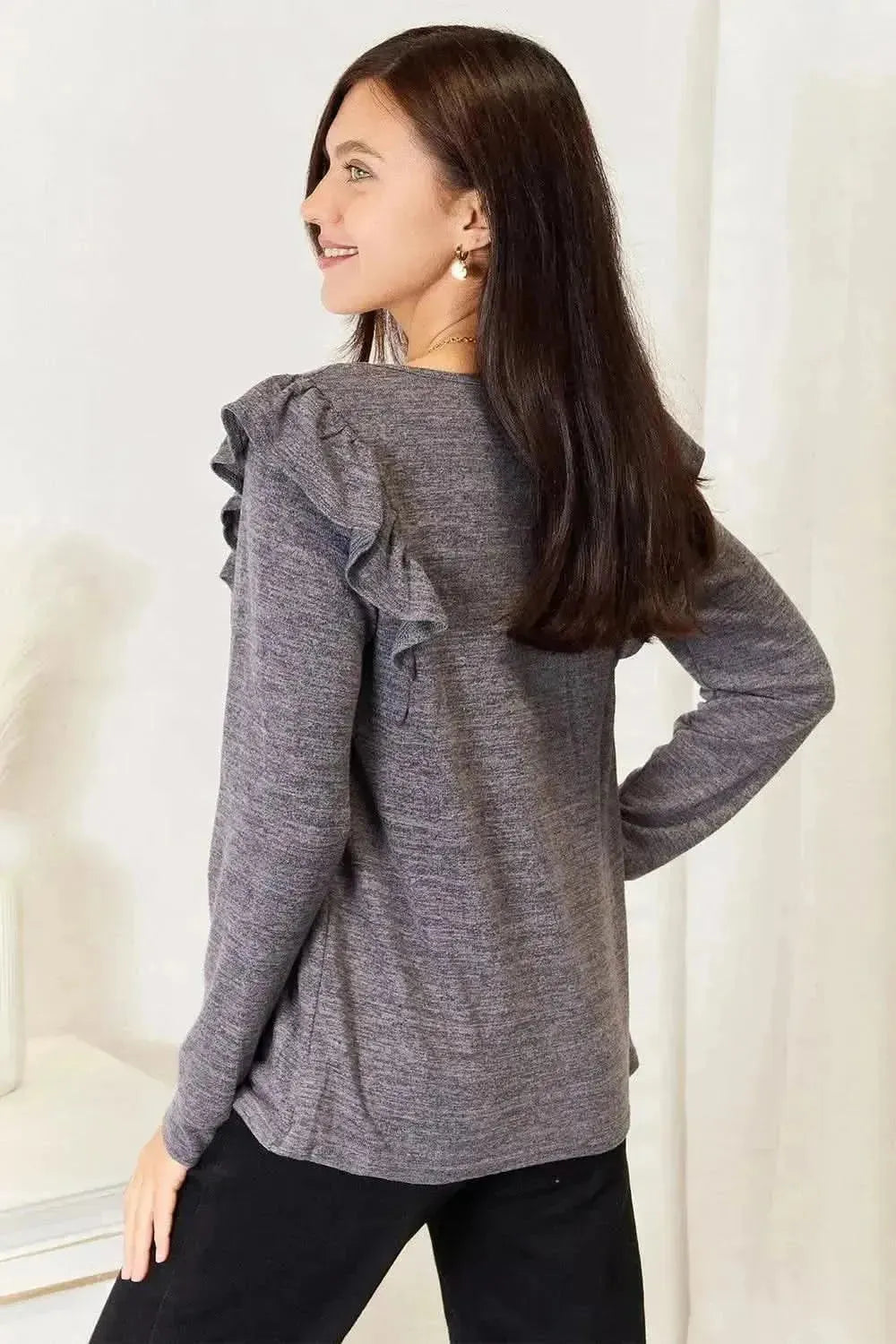 Double Take Square Neck Ruffle Shoulder Long Sleeve T-Shirt - Bad Moms Club
