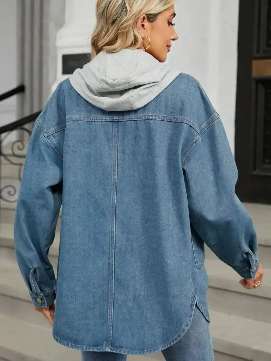 Removable Hood Button Up Long Sleeve Denim Jacket - Bad Moms Club