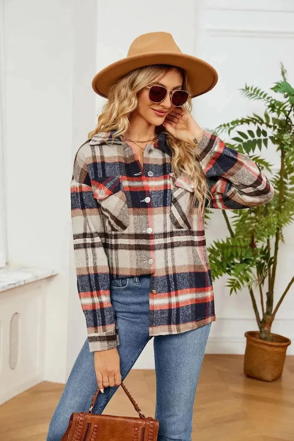 Button Down Collared Plaid Shacket - Bad Moms Club