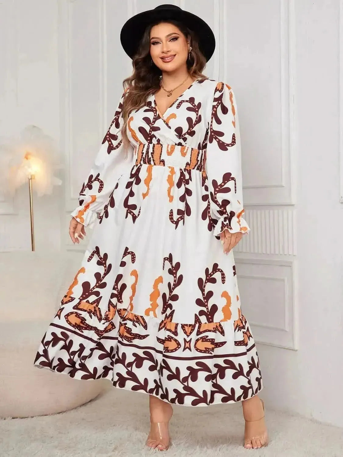 Honey Plus Size Printed Surplice Flounce Sleeve Dress - Bad Moms Club