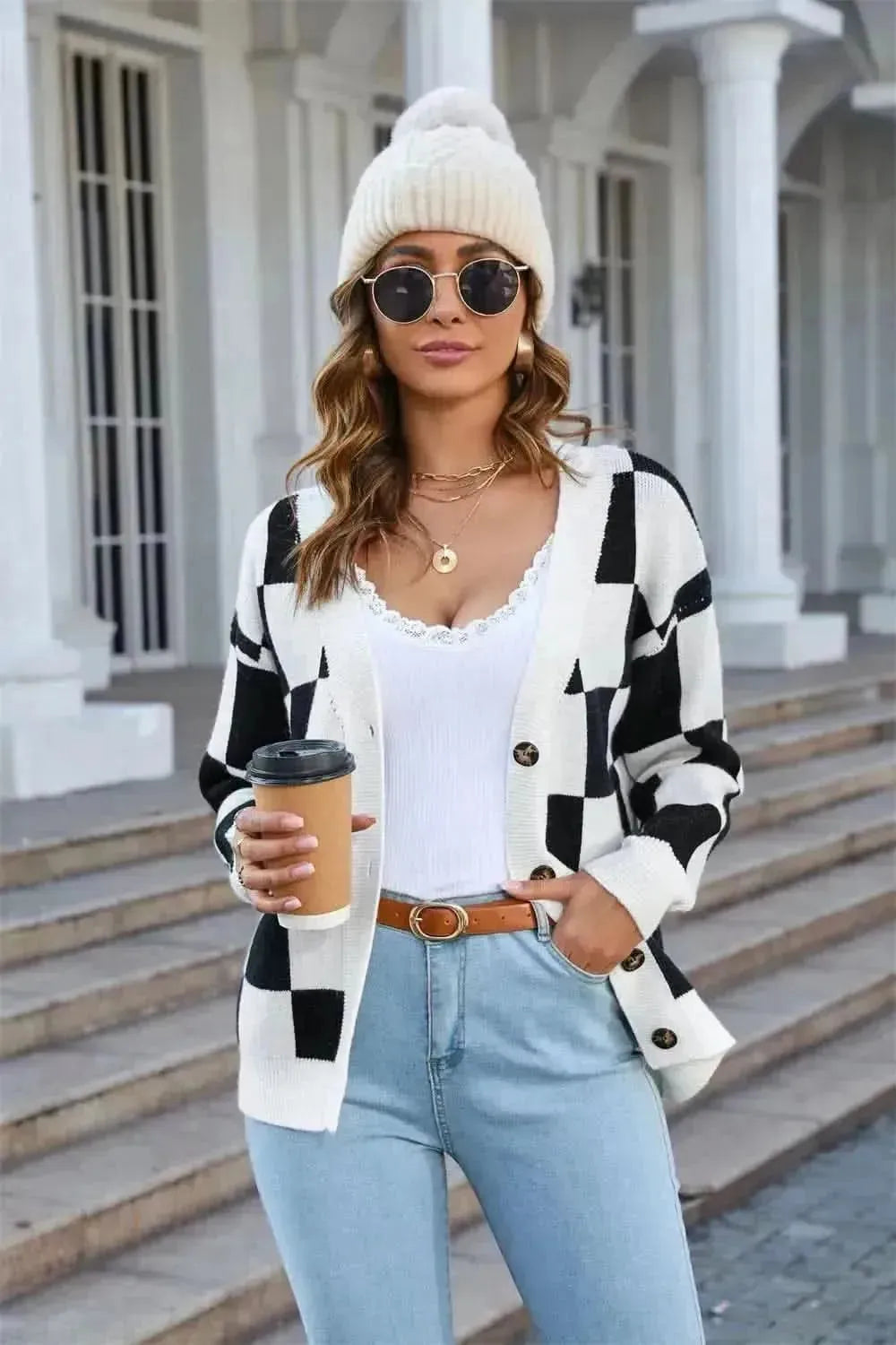 Button-Up V-Neck Dropped Shoulder Cardigan - Bad Moms Club