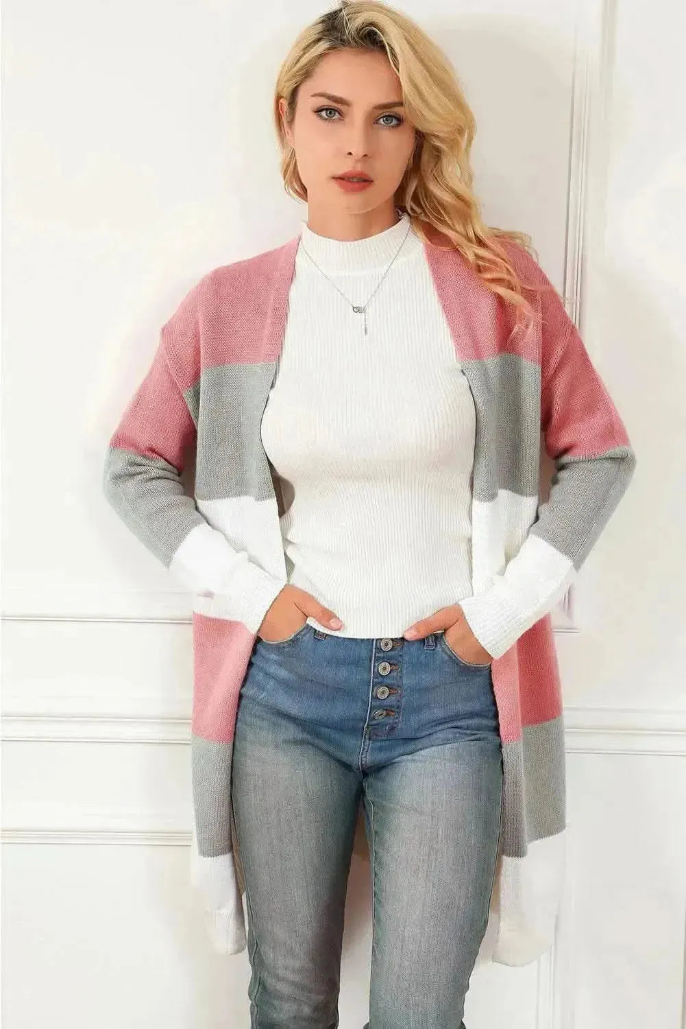 Striped Open Front Long Sleeve Cardigan - Bad Moms Club