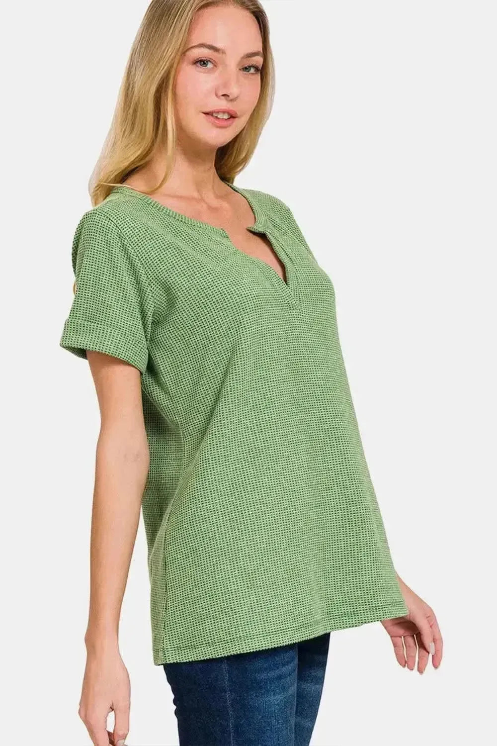 Zenana Waffle Notched Short Sleeve T-Shirt - Bad Moms Club