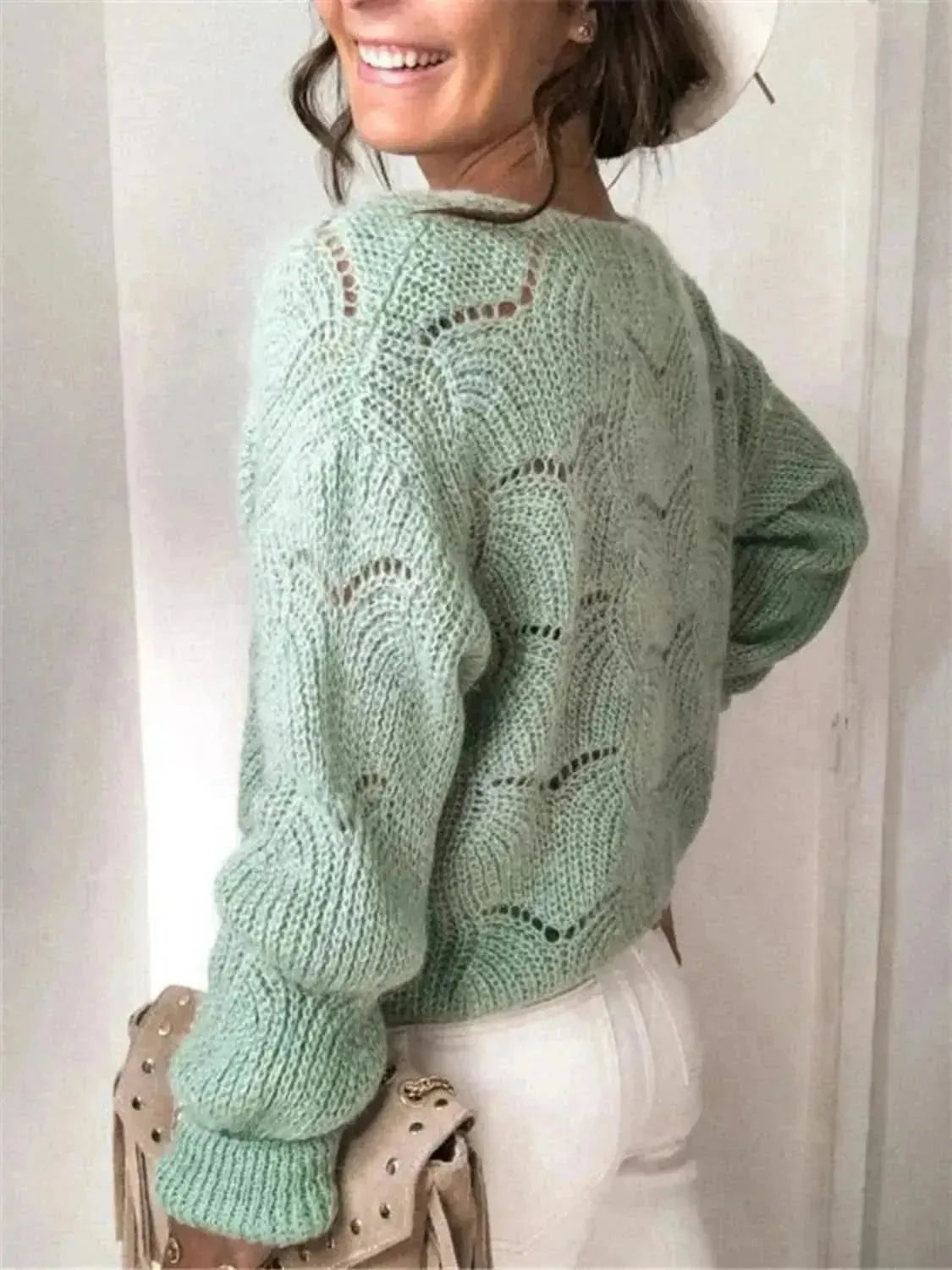 Openwork Button Up Long Sleeve Cardigan - Bad Moms Club
