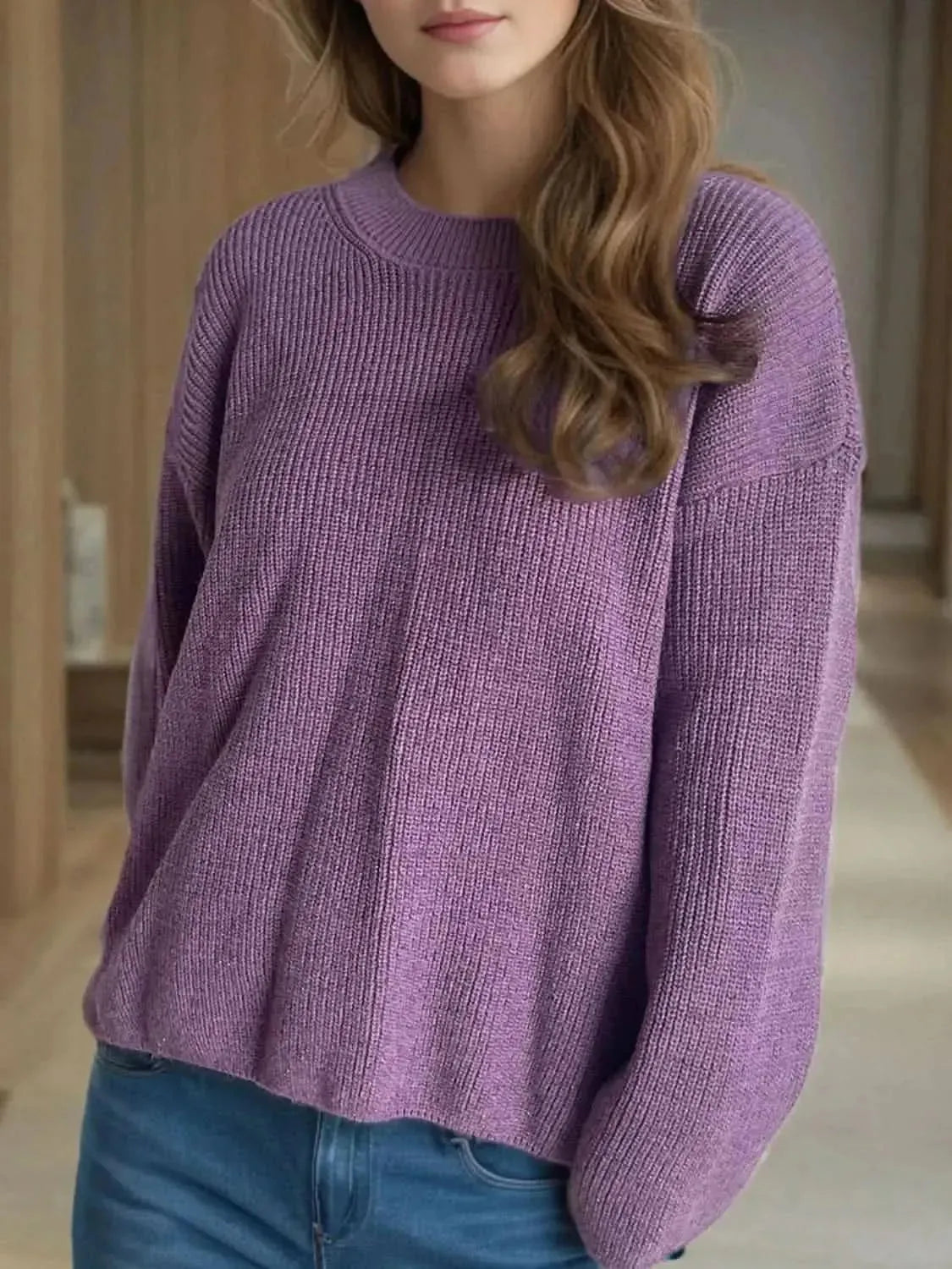 Solid Color Round Neck Long Sleeve Sweater - Bad Moms Club