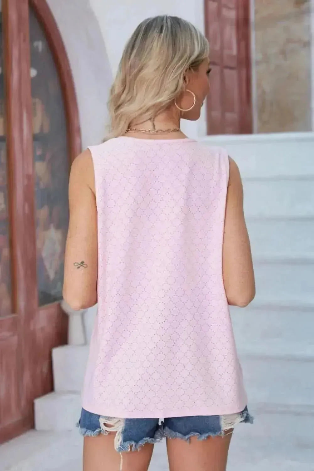 Eyelet Open Front Sleeveless Cardigan - Bad Moms Club