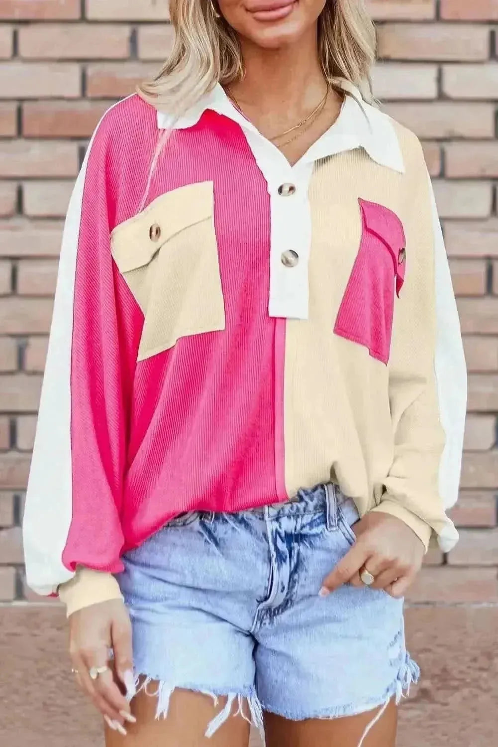 Pocketed Contrast Long Sleeve Sweatshirt - Bad Moms Club
