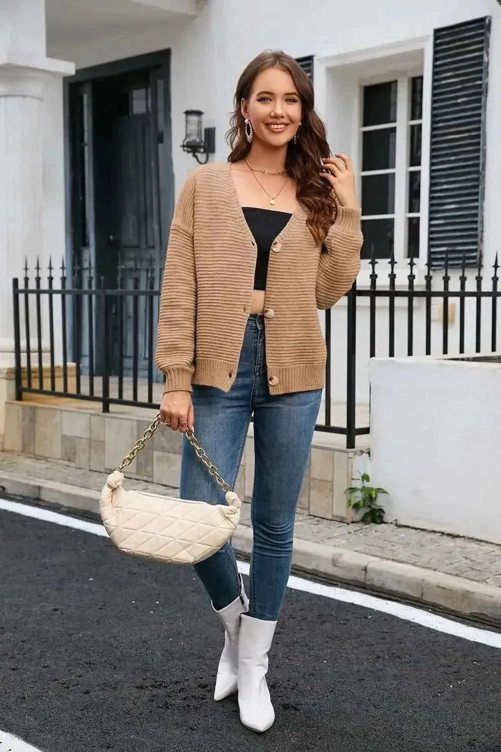 Horizontal Ribbing Button Down Cardigan - Bad Moms Club