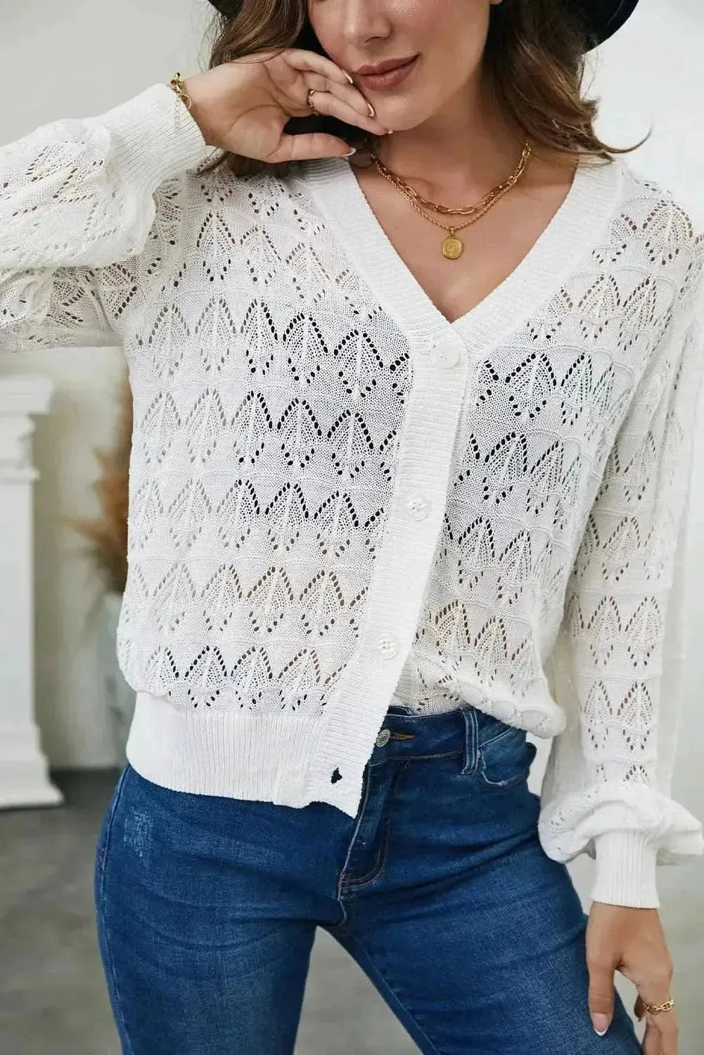 Openwork V-Neck Cardigan - Bad Moms Club