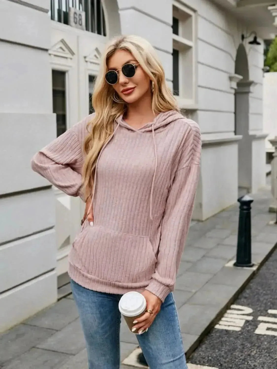 Ribbed Drawstring Long Sleeve Hoodie - Bad Moms Club