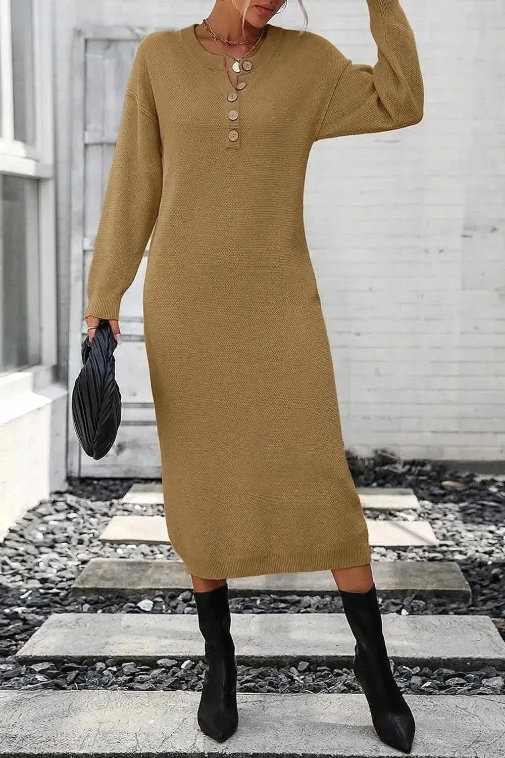 Decorative Button Notched Dropped Shoulder Sweater Dress - Bad Moms Club