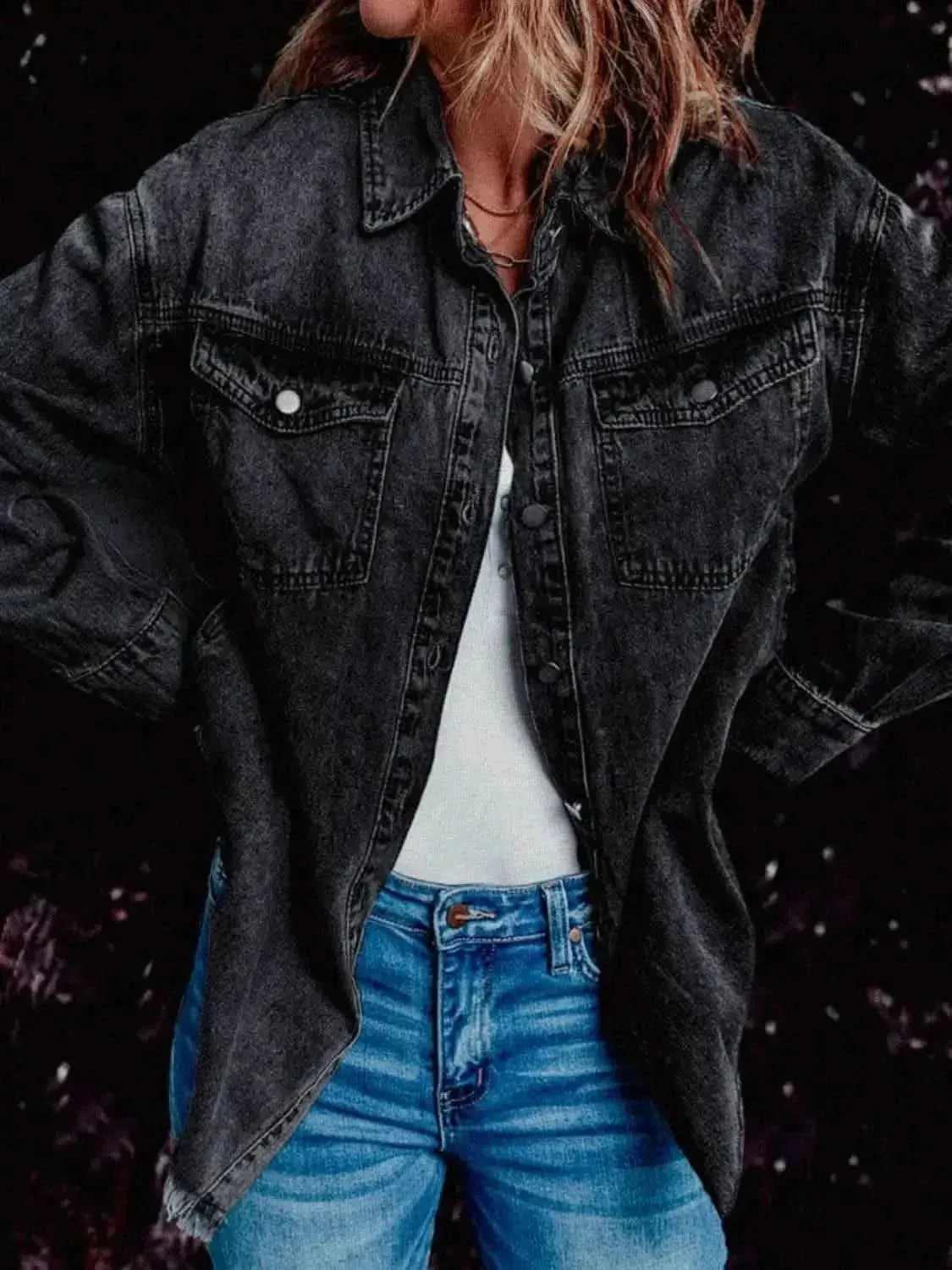 MeiMei Frayed Hem Collared Denim Jacket - Bad Moms Club