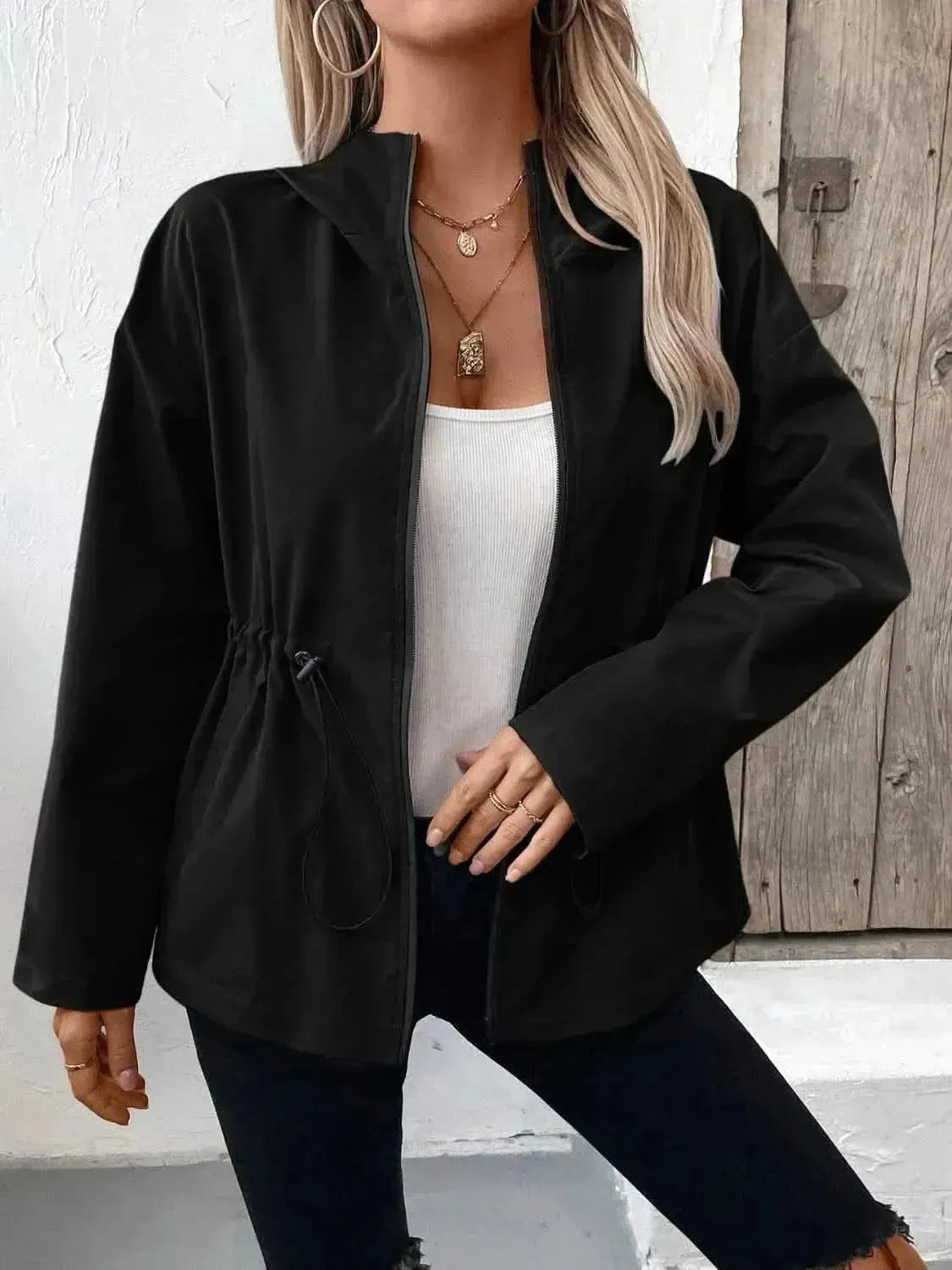 Drawstring Zip Up Hooded Jacket - Bad Moms Club