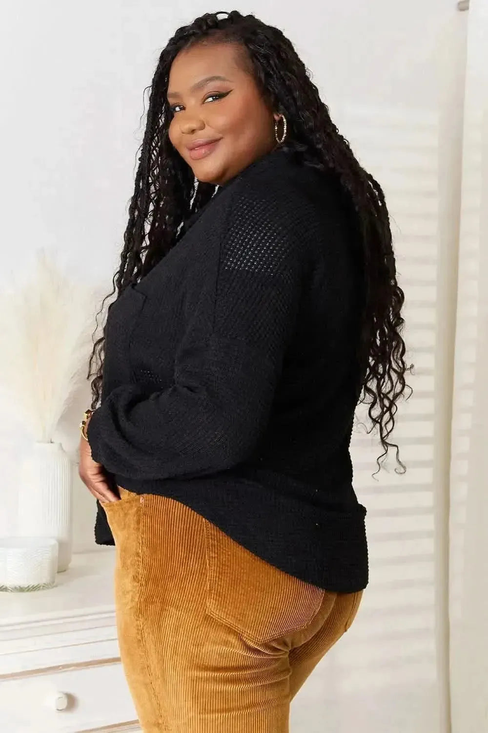 Double Take Waffle-Knit Collared Neck Dropped Shoulder Shirt - Bad Moms Club