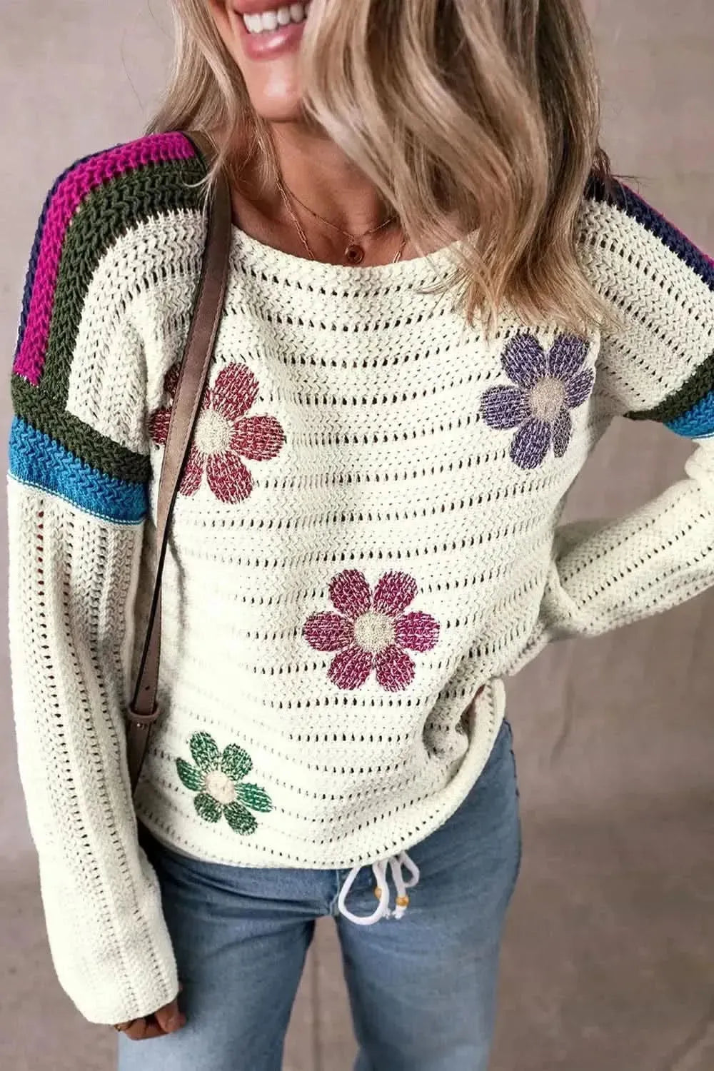 Flower Round Neck Long Sleeve Sweater - Bad Moms Club