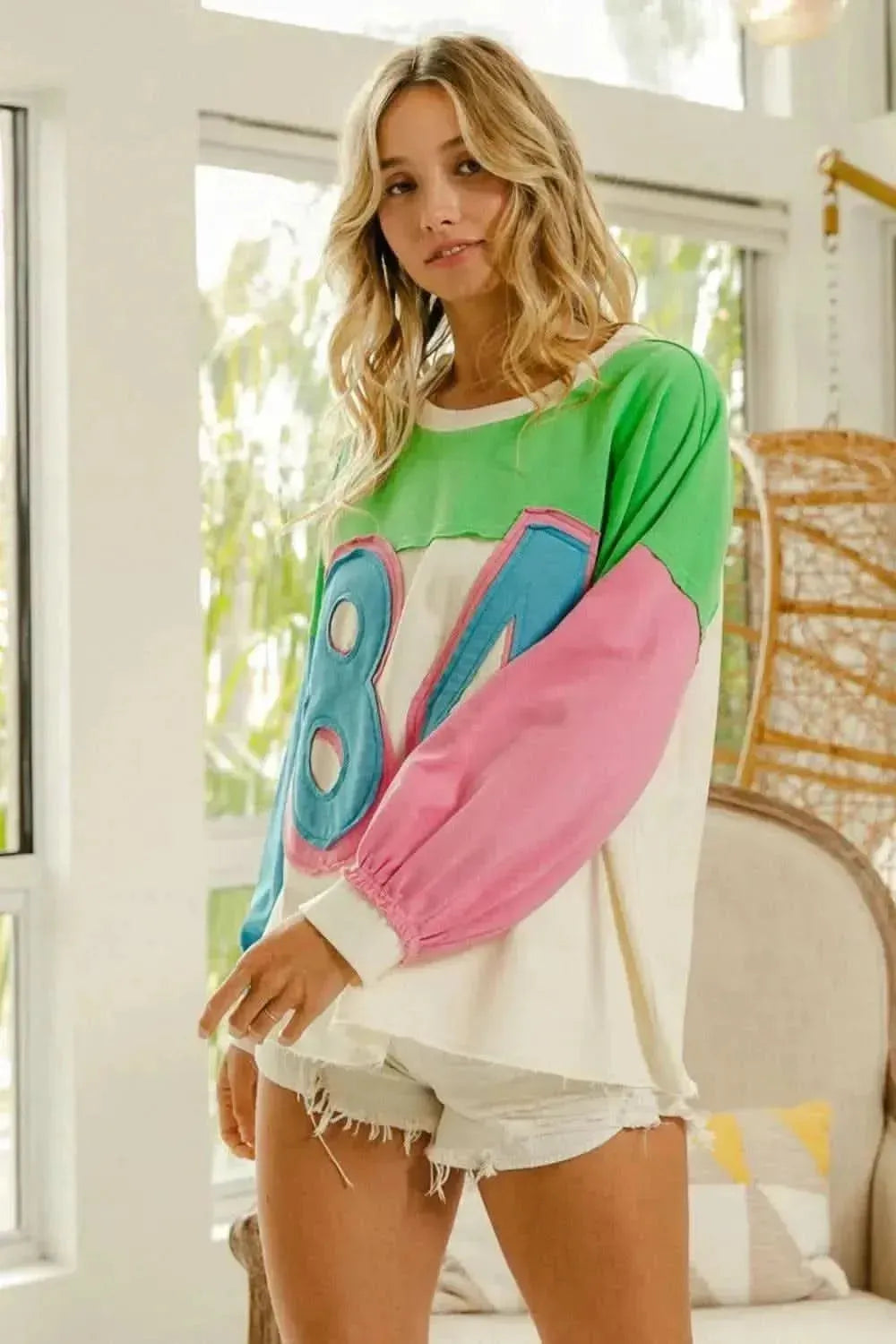 BiBi Color Block Patched Long Sleeve Top - Bad Moms Club