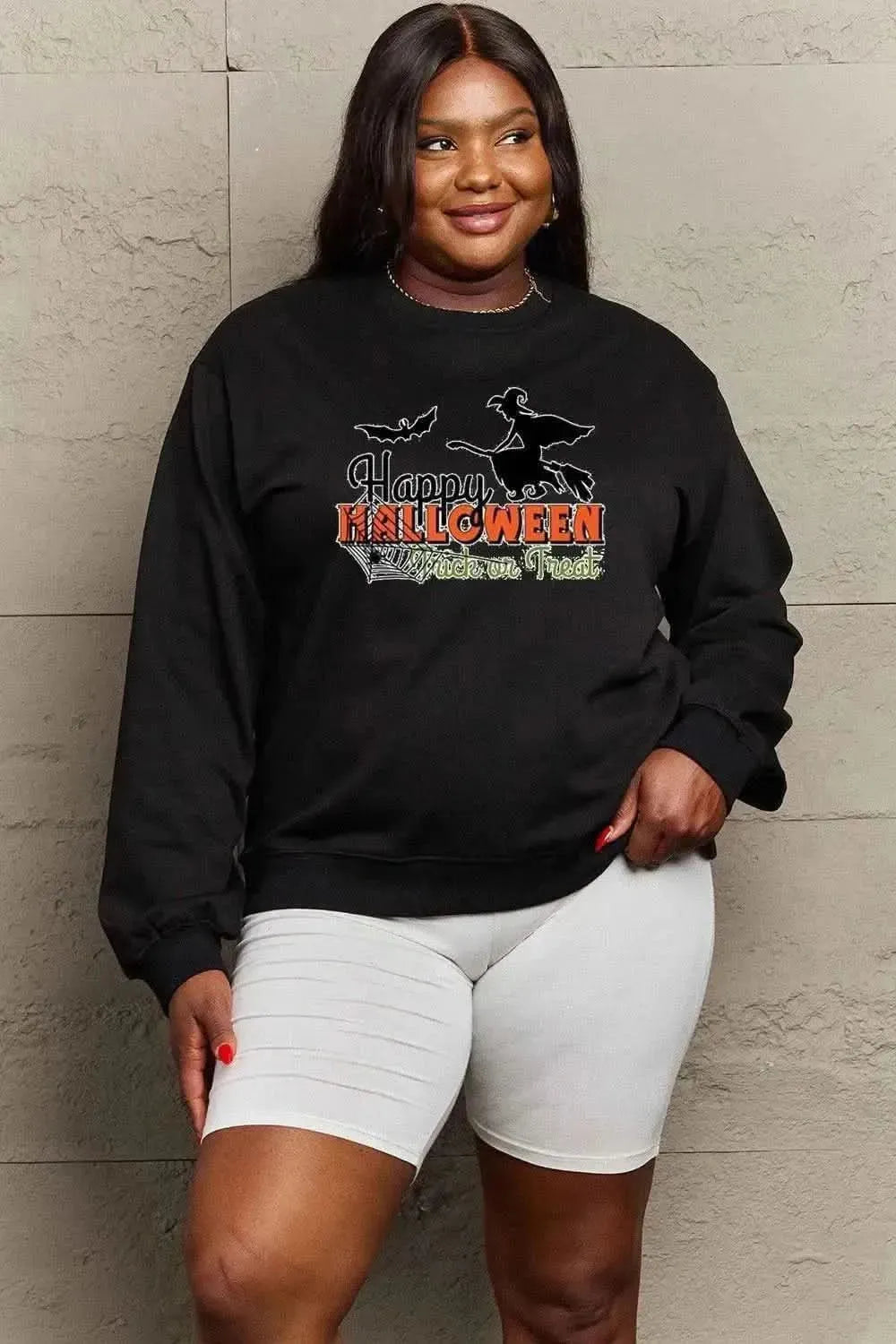 Simply Love Full Size HAPPY HALLOWEEN TRICK OR TREAT Graphic Sweatshirt - Bad Moms Club