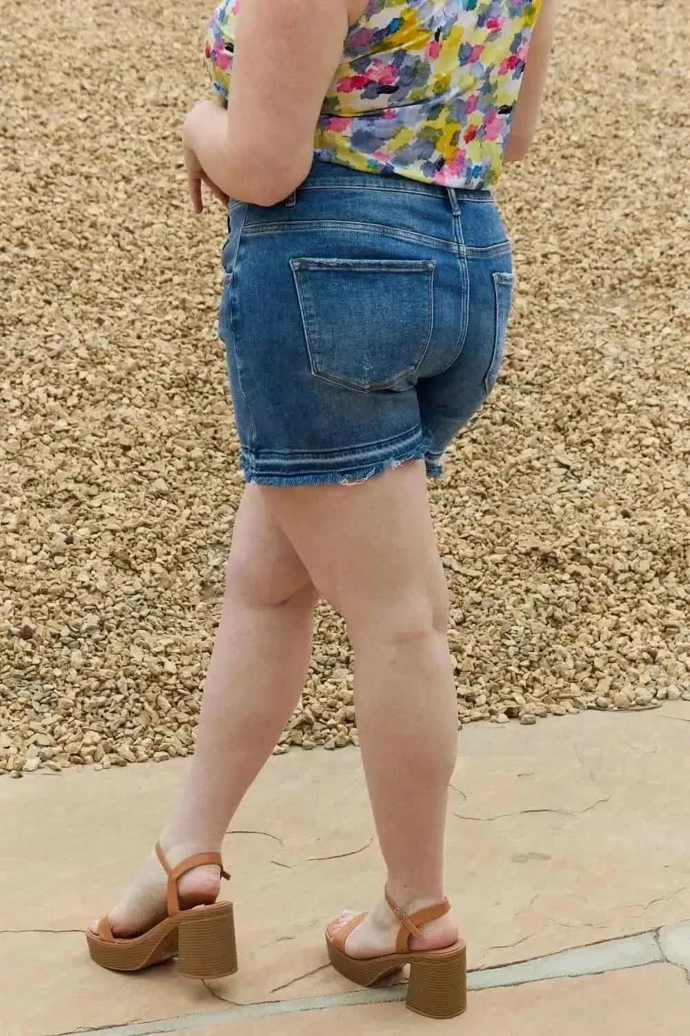 RISEN Maya Full Size Mid Rise Asymmetrical Shorts - Bad Moms Club