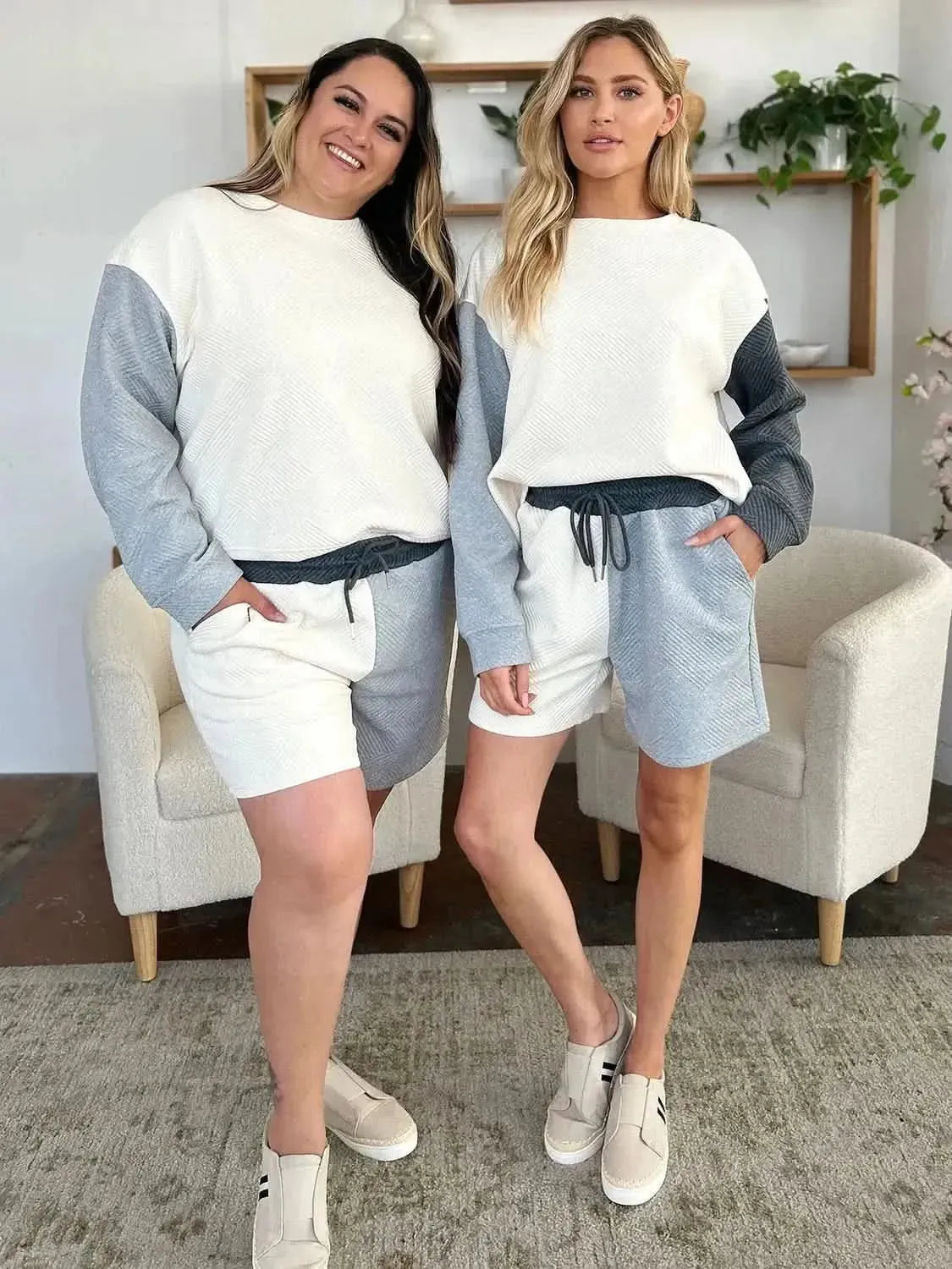 Double Take Full Size Contrast Drop Shoulder Top and Shorts Set - Bad Moms Club