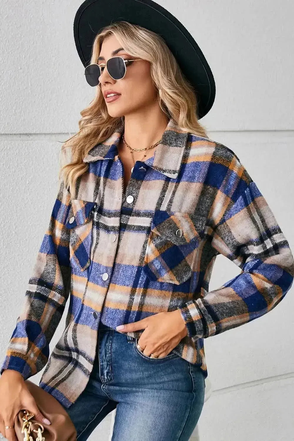 Button Down Collared Plaid Shacket - Bad Moms Club