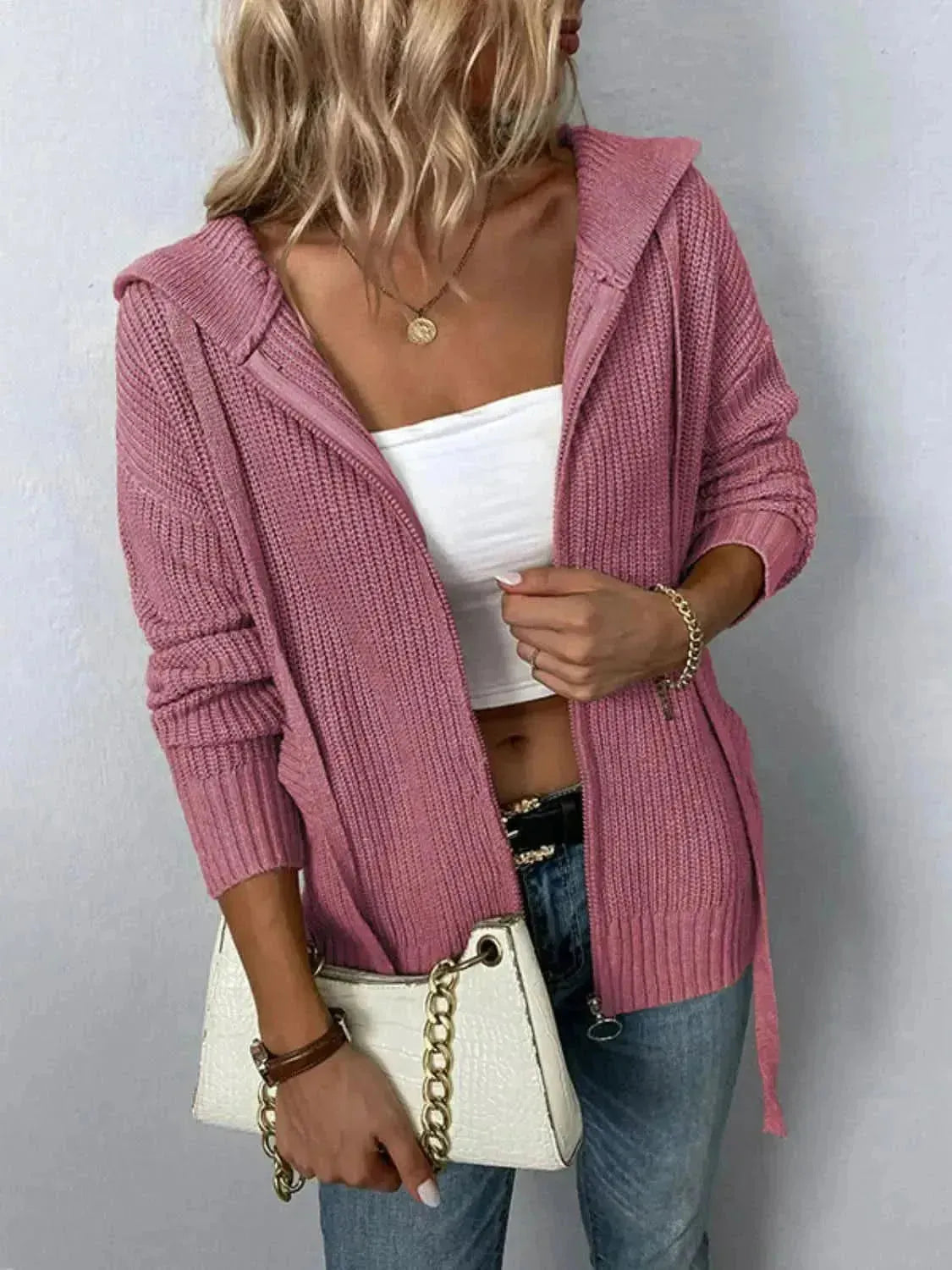 Zip-Up Drawstring Detail Hooded Cardigan - Bad Moms Club