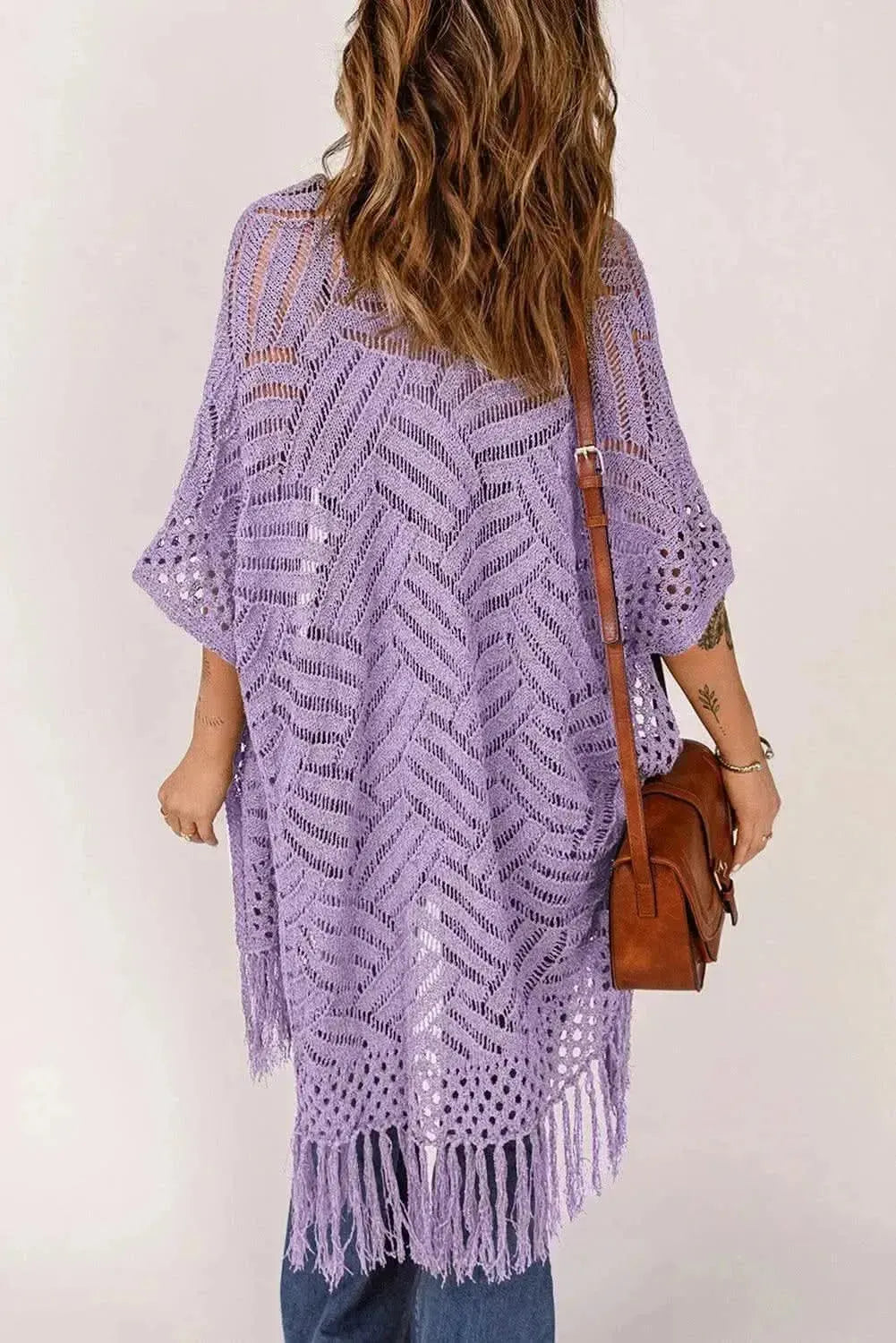 Openwork Open Front Cardigan with Fringes - Bad Moms Club