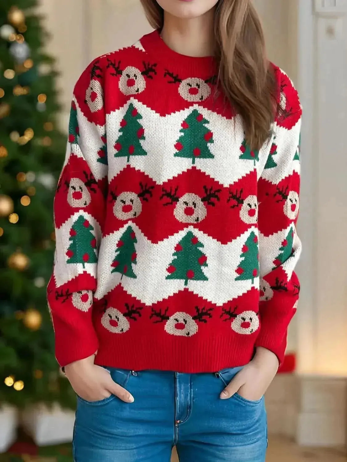 Christmas Element Round Neck Long Sleeve Sweater - Bad Moms Club