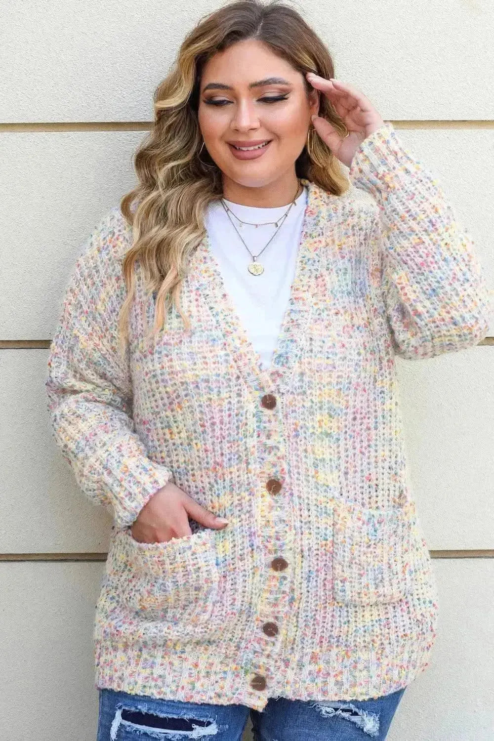 Plus Size Heathered Long Sleeve Pocketed Cardigan - Bad Moms Club