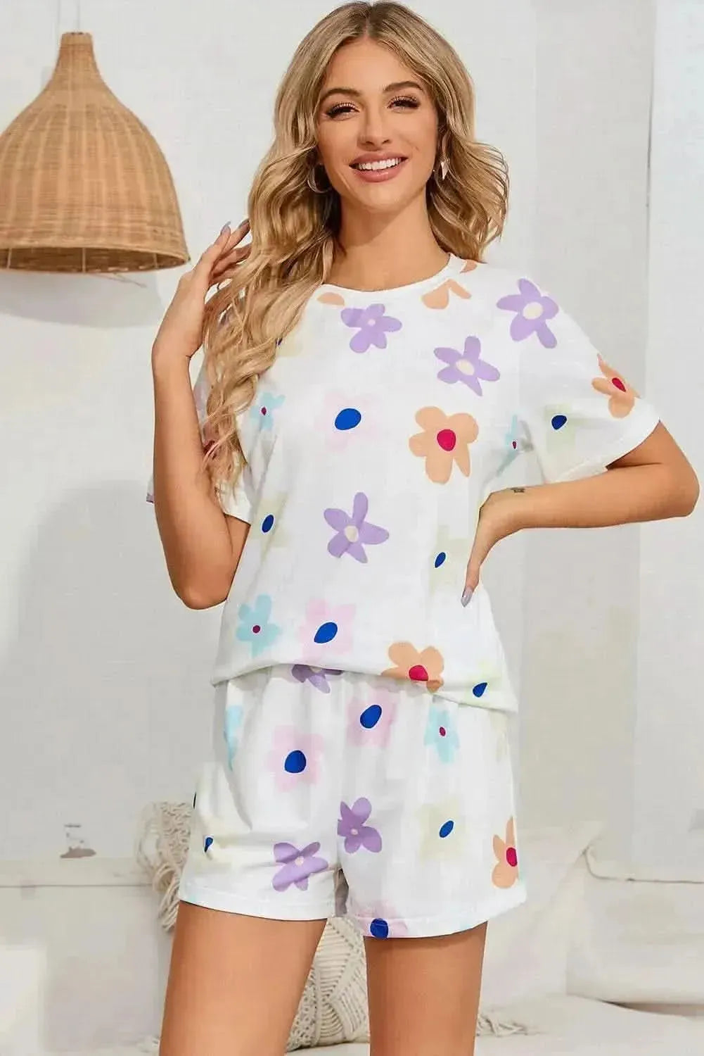 Floral Round Neck Raglan Sleeve Top and Shorts Lounge Set - Bad Moms Club