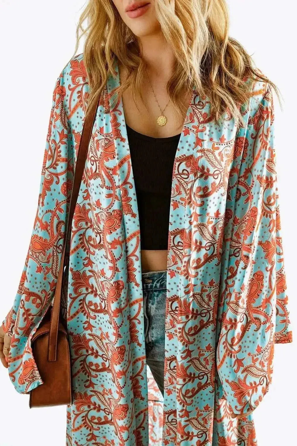 Printed Open Front Duster Cardigan - Bad Moms Club