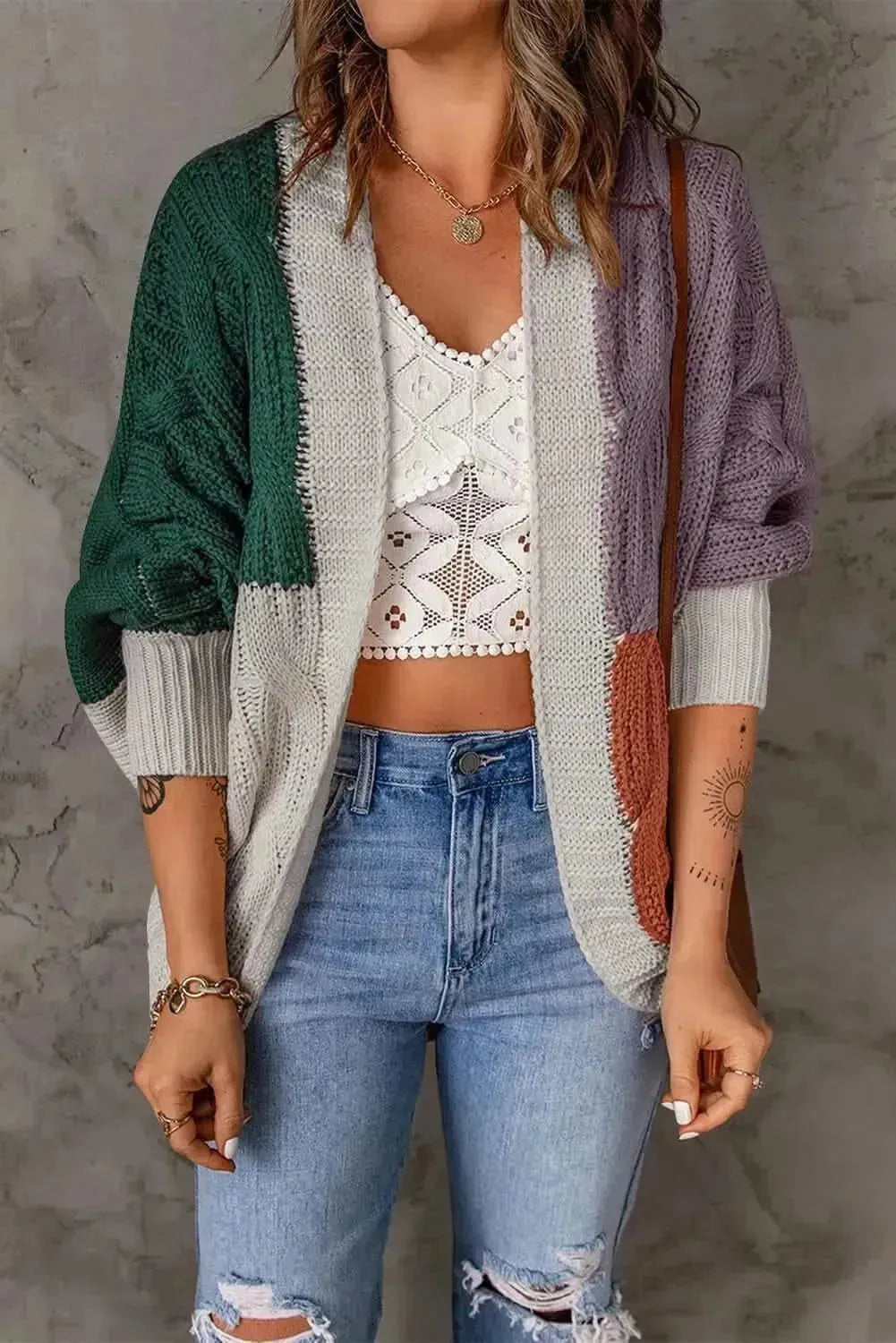 Woven Right Color Block Cable-Knit Batwing Sleeve Cardigan - Bad Moms Club