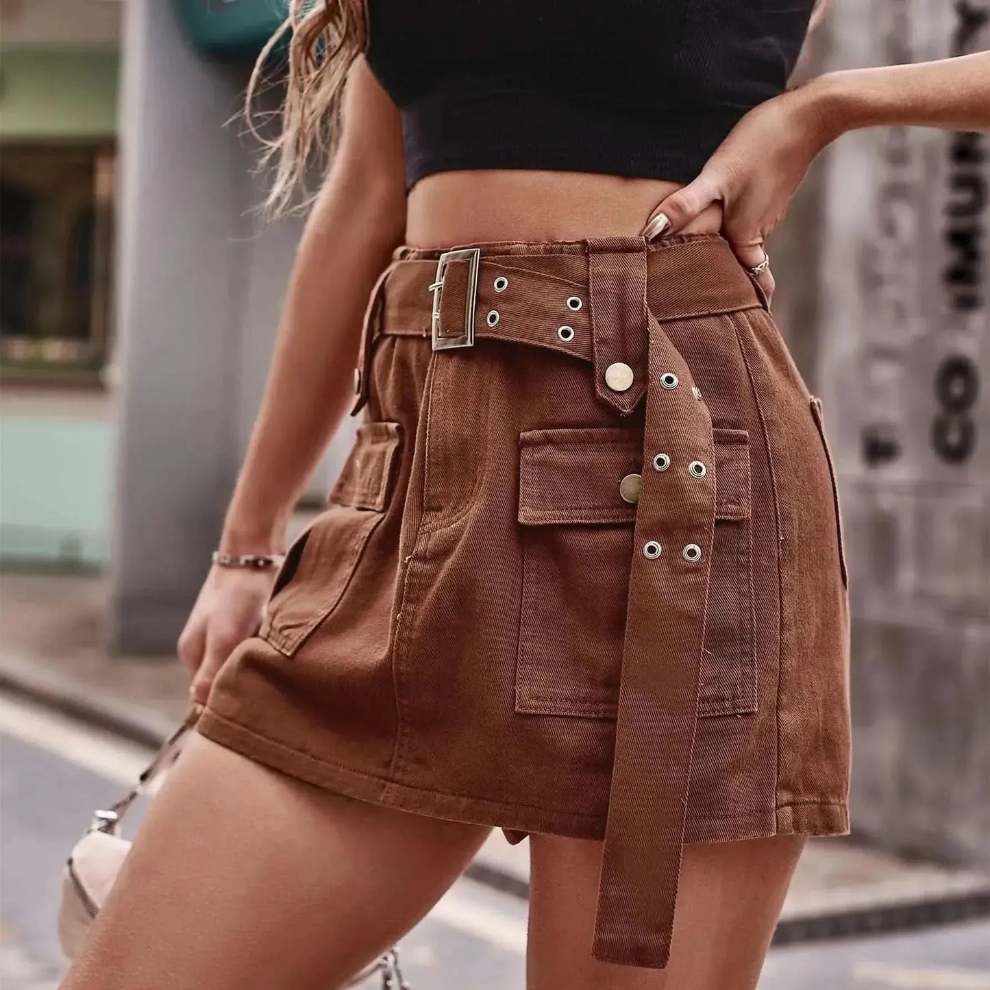 Belted Denim Shorts with Pockets - Bad Moms Club
