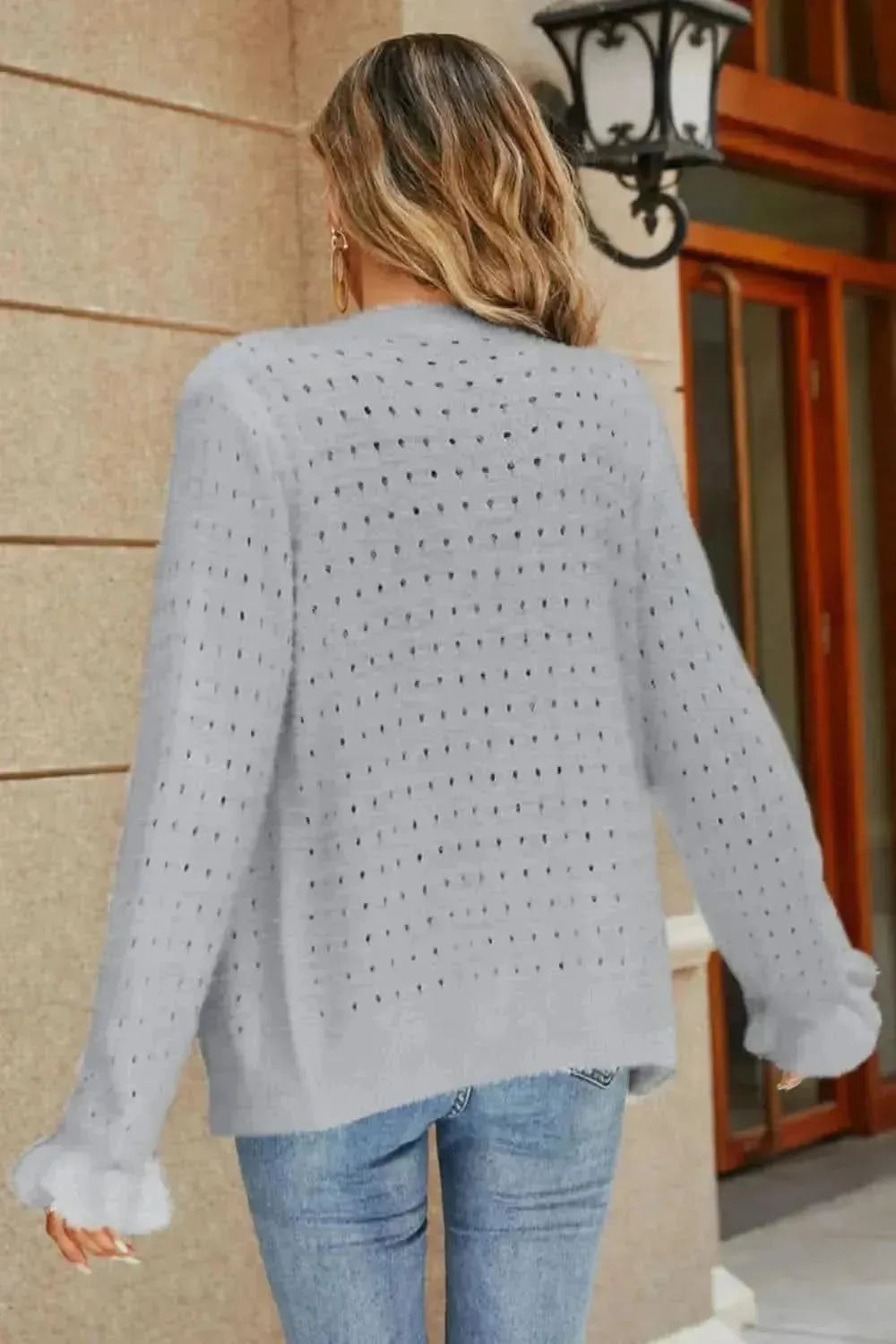 Openwork Flounce Sleeve Button-Up Fuzzy Cardigan - Bad Moms Club