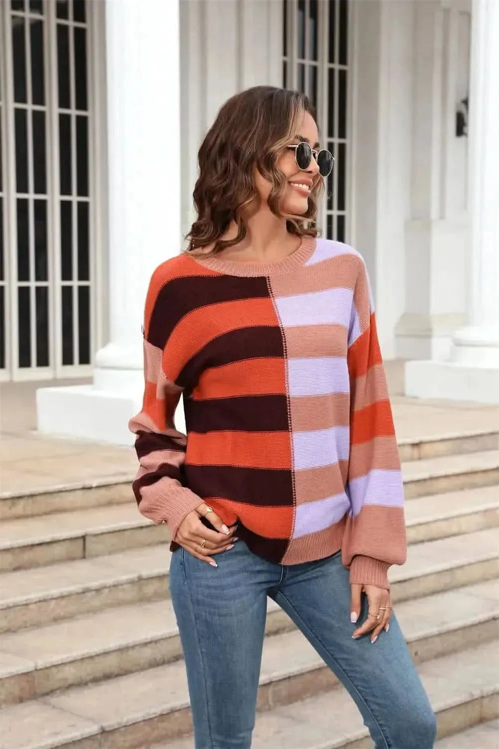 Angel Wings Round Neck Long Sleeve Color Block Dropped Shoulder Pullover Sweater - Bad Moms Club