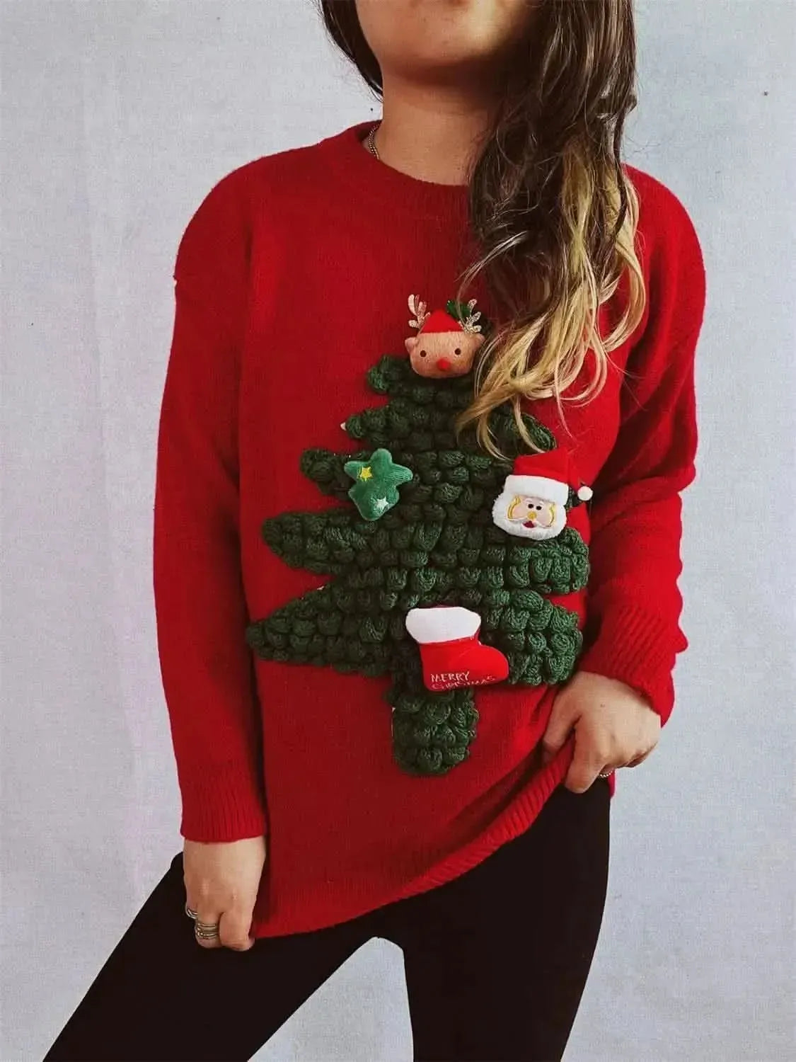 Christmas Tree Round Neck Long Sleeve Sweater - Bad Moms Club