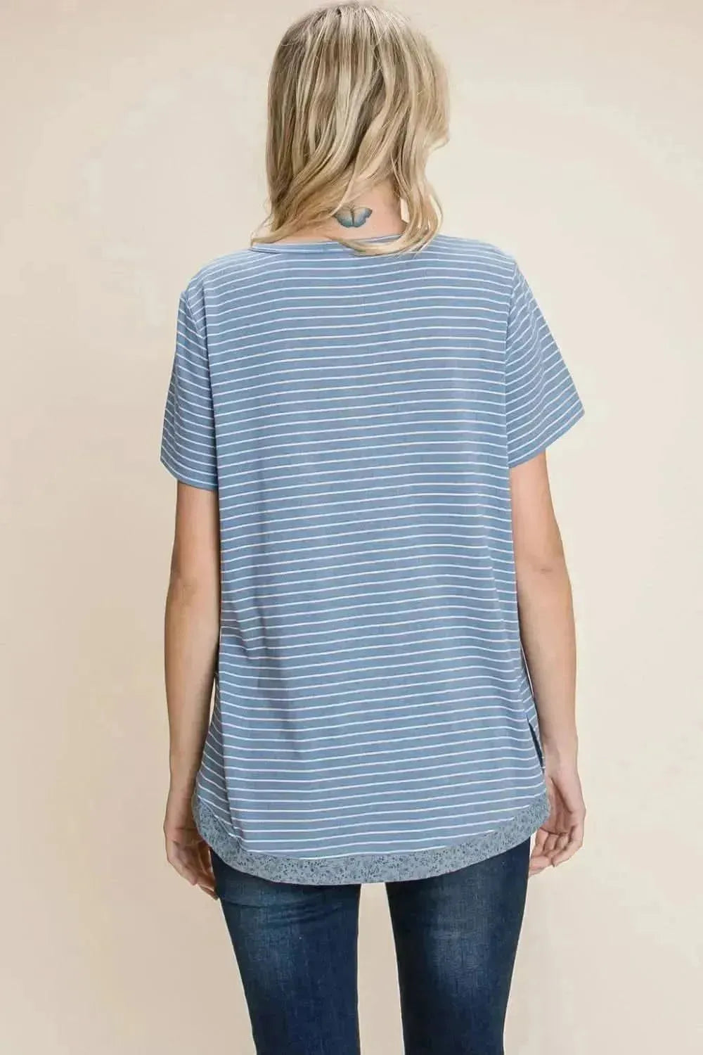 Cotton Bleu by Nu Lab Slit Striped Notched Short Sleeve T-Shirt - Bad Moms Club