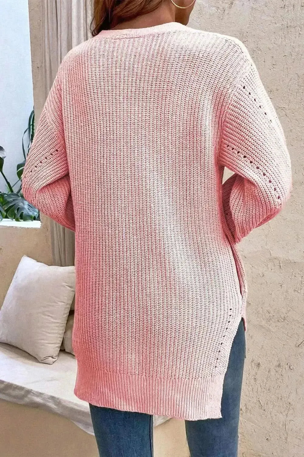 V-Neck Openwork Long Sleeve Cardigan - Bad Moms Club