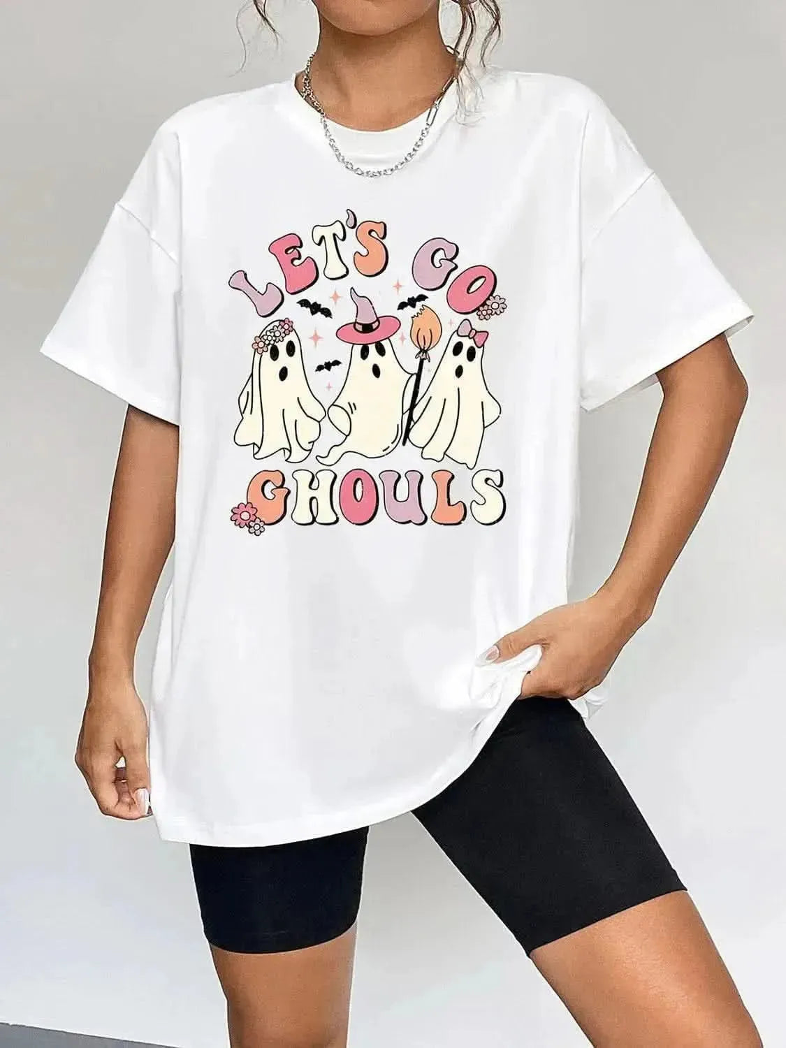 Round Neck Short Sleeve LET'S GO GHOULS Graphic T-Shirt - Bad Moms Club