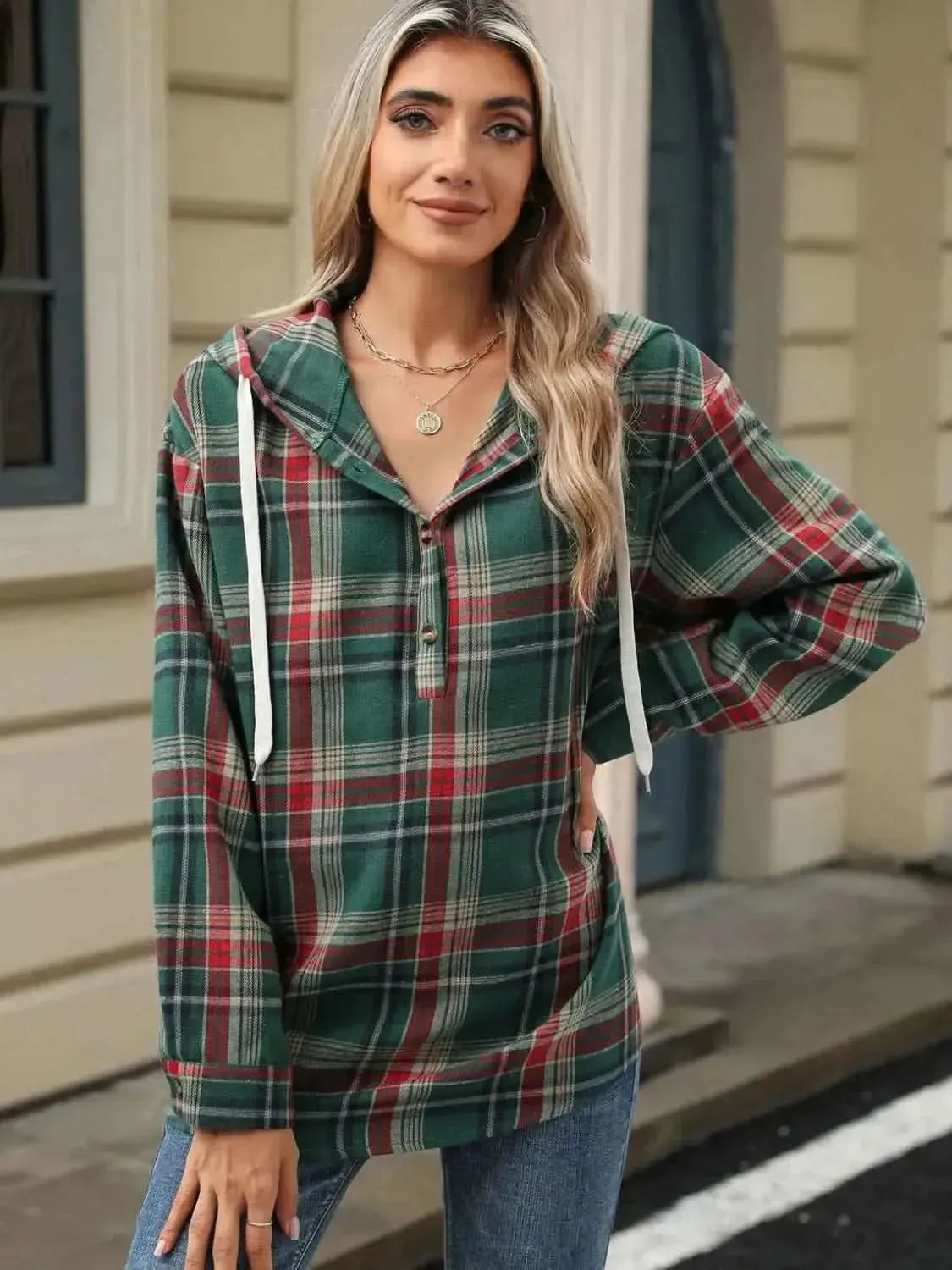 Drawstring Plaid Hooded Long Sleeve Top - Bad Moms Club