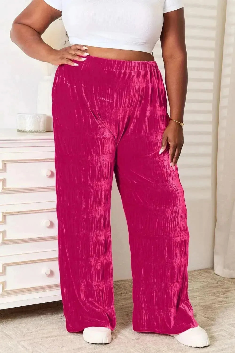 Double Take Full Size High Waist Tiered Shirring Velvet Wide Leg Pants - Bad Moms Club