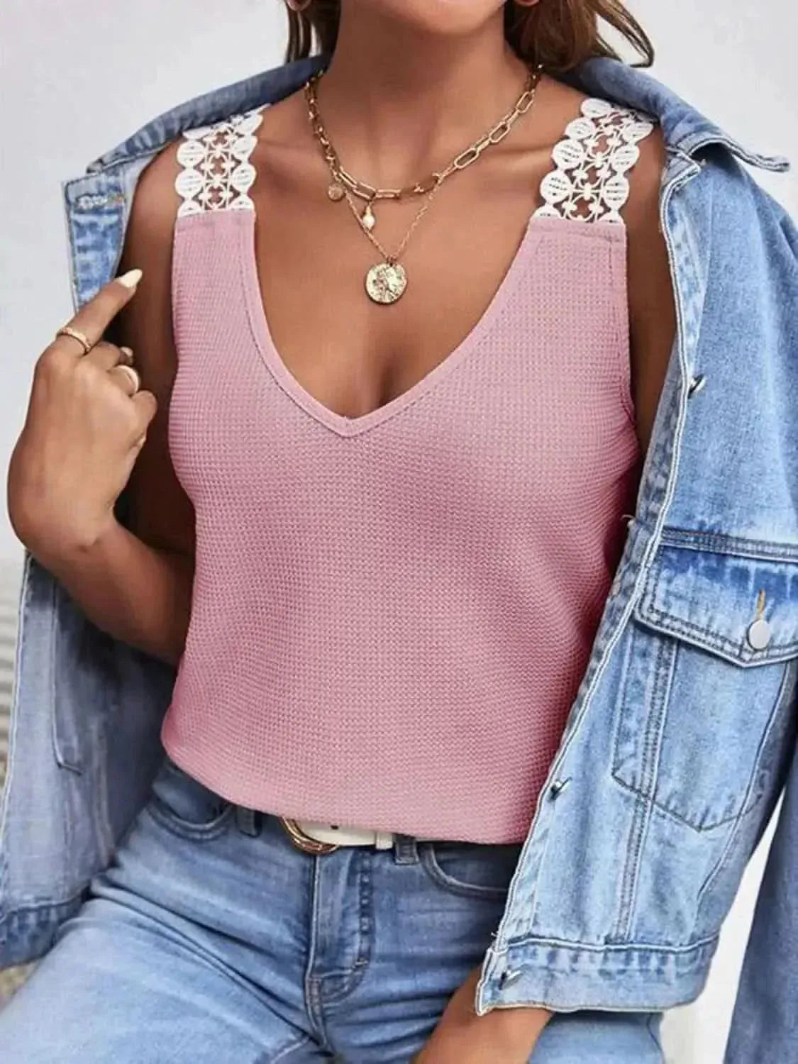 Full Size Lace Detail V-Neck Tank - Bad Moms Club