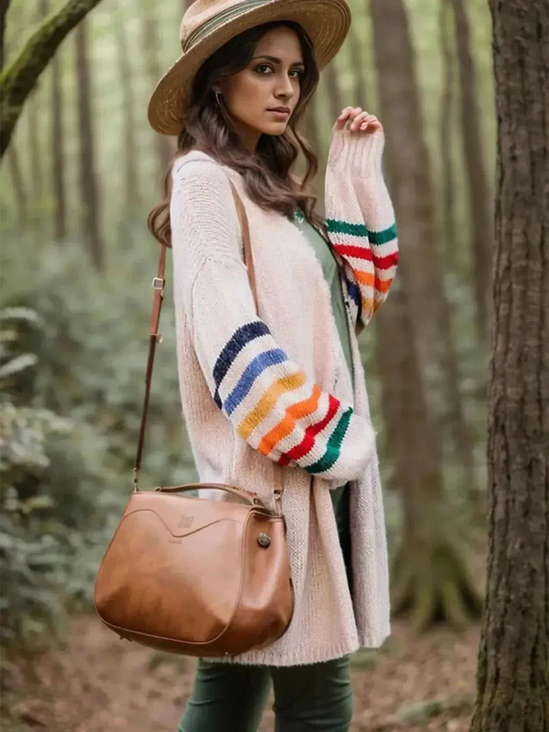 Striped Open Front Long Sleeve Cardigan - Bad Moms Club