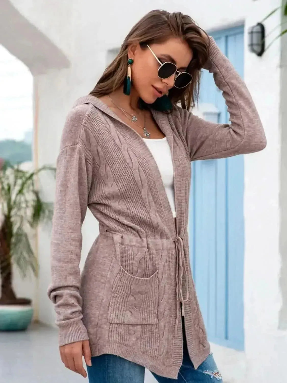 Cable-Knit Drawstring Hooded Cardigan - Bad Moms Club