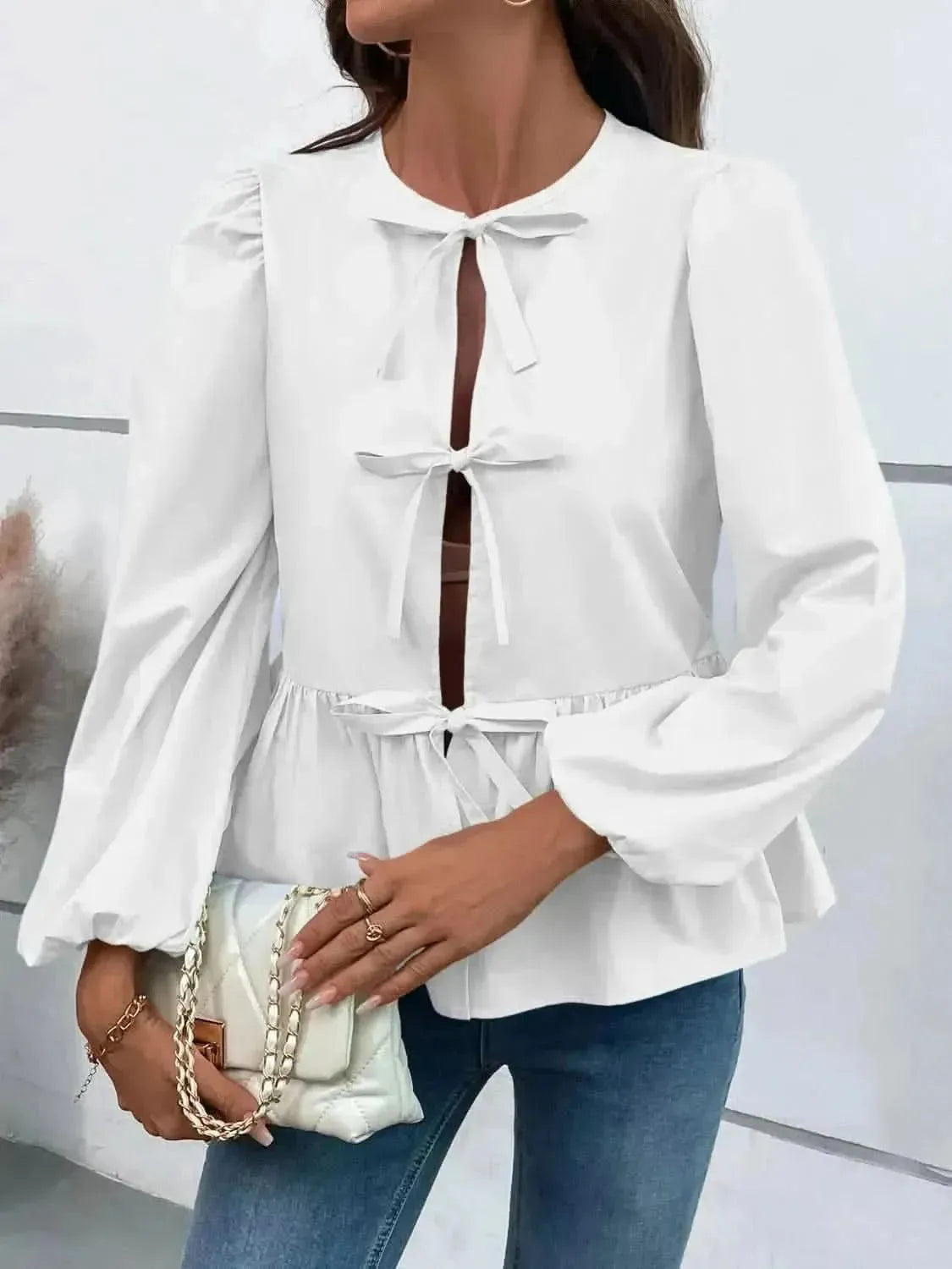 Ivy Lane Peplum Tied Long Sleeve Blouse - Bad Moms Club