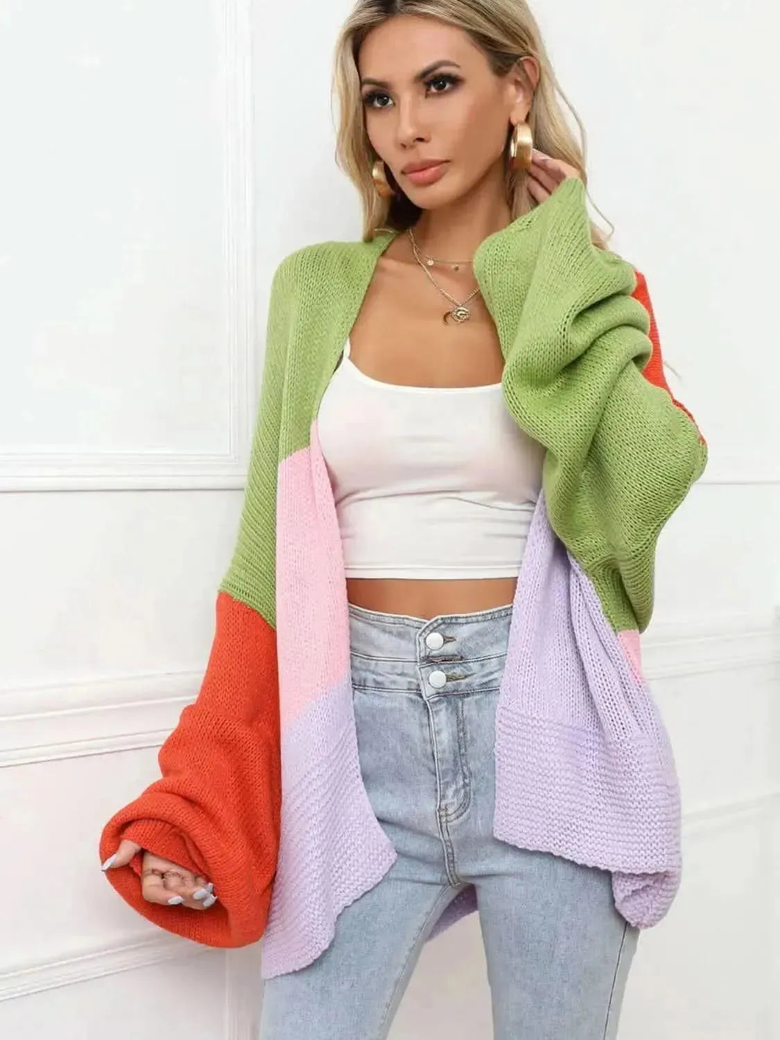 Color Block Open Front Balloon Sleeve Longline Cardigan - Bad Moms Club