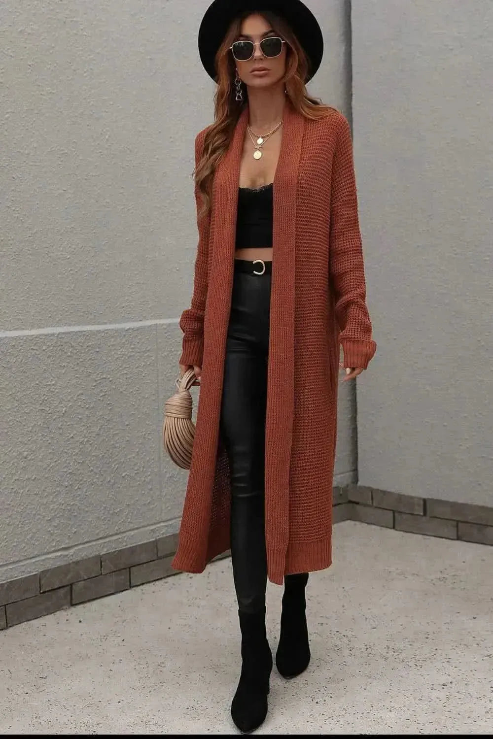 Waffle Knit Open Front Duster Cardigan With Pockets - Bad Moms Club
