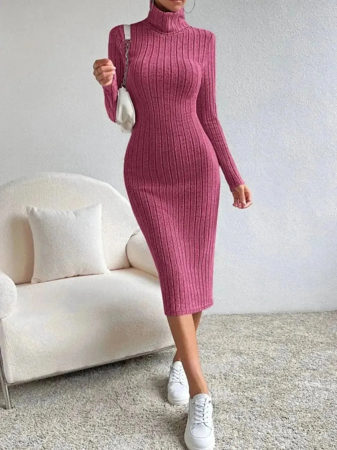 Turtleneck Long Sleeve Midi Sweater Dress - Bad Moms Club